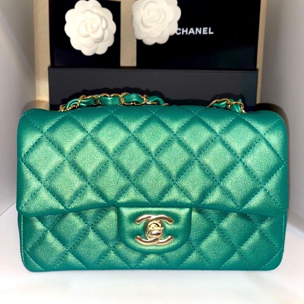 RARE NIB CHANEL IRIDESCENT GREEN CLASSIC MINI FLAP - Picture 1 of 17